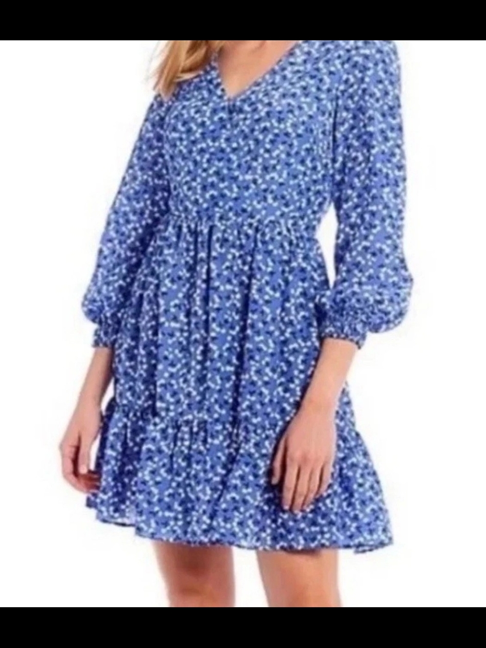 Eliza J Blue Floral V-Neck Tiered Dress 16 Cherry Print Pockets